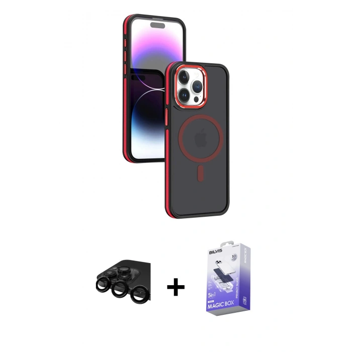 MARSİLYAN™- iPhone 15 Pro Max Kılıf Yörünge Klasik - Siyah Bilvis 5in1 5D Magic Hayalet Cam Ekran Koruyucu + Raze Metal Kamera Lens - SH
