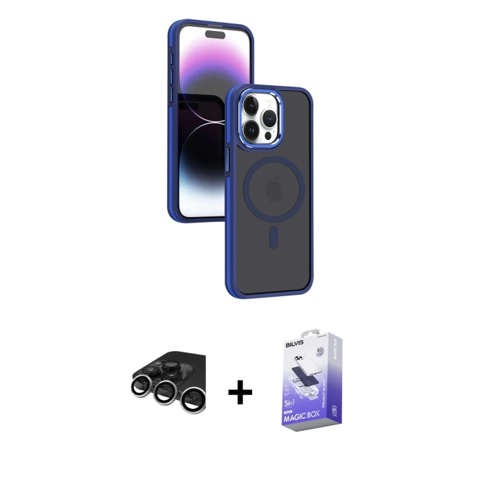 MARSİLYAN™- iPhone 15 Pro Max Kılıf Yörünge Klasik - Siyah Bilvis 5in1 5D Magic Hayalet Cam Ekran Koruyucu + Raze Metal Kamera Lens - GS