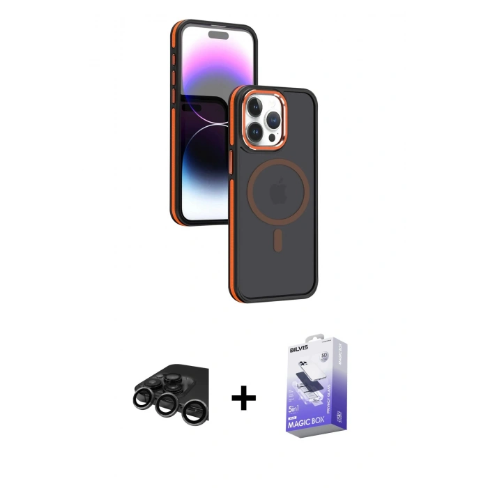 MARSİLYAN™- iPhone 15 Pro Max Kılıf Yörünge Klasik - Siyah Bilvis 5in1 5D Magic Hayalet Cam Ekran Koruyucu + Titanyum Gri Raze Metal Kamera Lens
