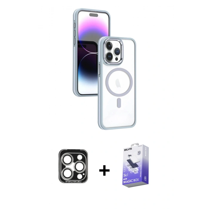 MARSİLYAN™- iPhone 15 Pro Max Kılıf Yörünge Klasik - Siyah Bilvis 5in1 5D Magic Hayalet Cam Ekran Koruyucu + PVD Metal Kamera Lens - GS