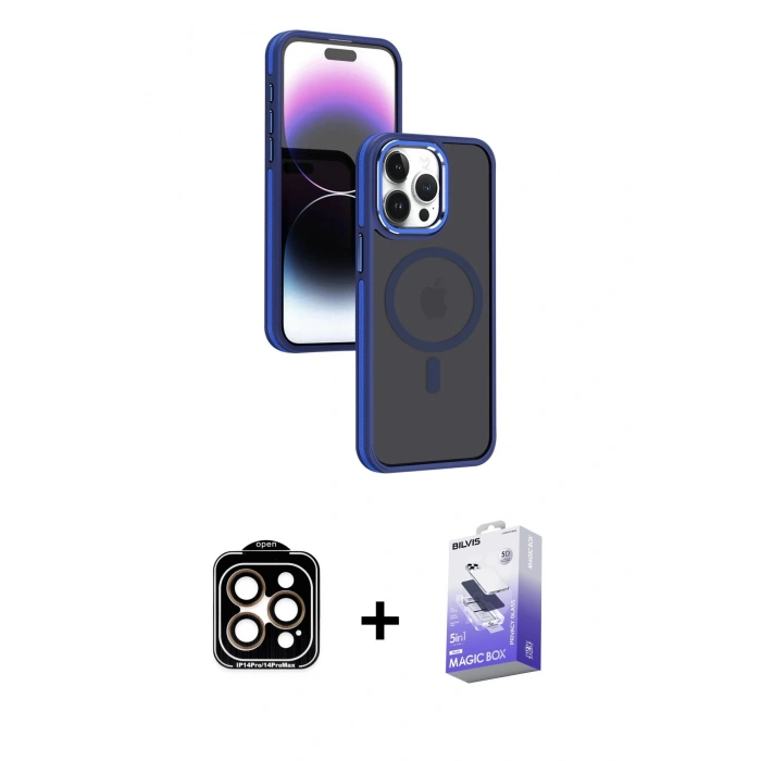 MARSİLYAN™- iPhone 15 Pro Max Kılıf Yörünge Klasik - Siyah Bilvis 5in1 5D Magic Hayalet Cam Ekran Koruyucu + PVD Metal Kamera Lens - TU