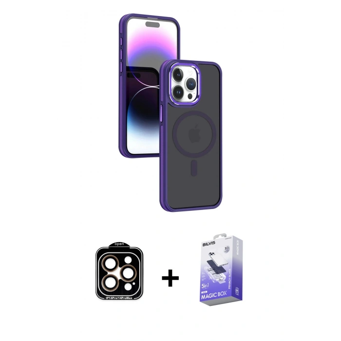 MARSİLYAN™- iPhone 15 Pro Max Kılıf Yörünge Klasik - Siyah Bilvis 5in1 5D Magic Hayalet Cam Ekran Koruyucu + PVD Metal Kamera Lens - TU