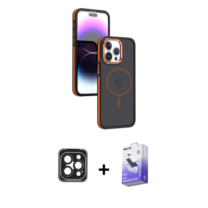MARSİLYAN™- iPhone 15 Pro Max Kılıf Yörünge Klasik - Siyah Bilvis 5in1 5D Magic Hayalet Cam Ekran Koruyucu + PVD Metal Kamera Lens - SH
