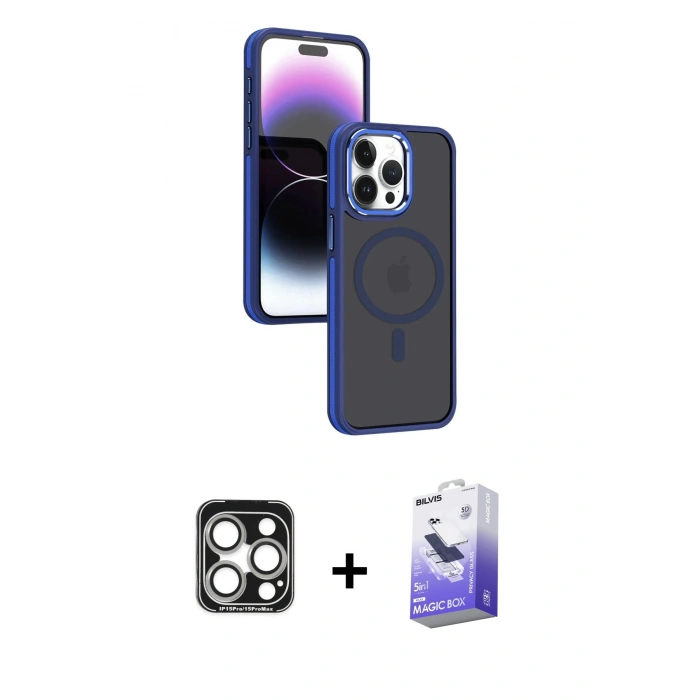 MARSİLYAN™- iPhone 15 Pro Max Kılıf Yörünge Klasik - Siyah Bilvis 5in1 5D Magic Hayalet Cam Ekran Koruyucu + PVD Metal Kamera Lens - GS