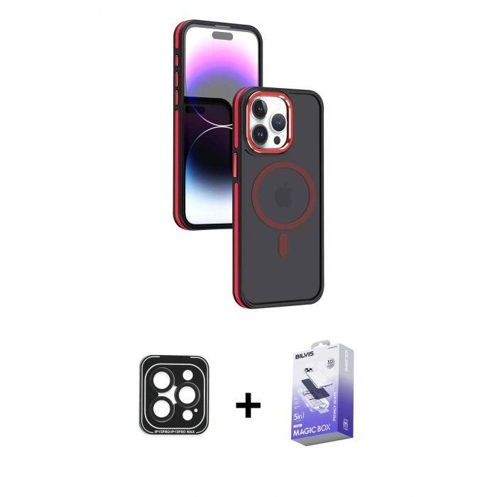 MARSİLYAN™- iPhone 15 Pro Max Kılıf Yörünge Klasik - Siyah Bilvis 5in1 5D Magic Hayalet Cam Ekran Koruyucu + PVD Metal Kamera Lens - SH