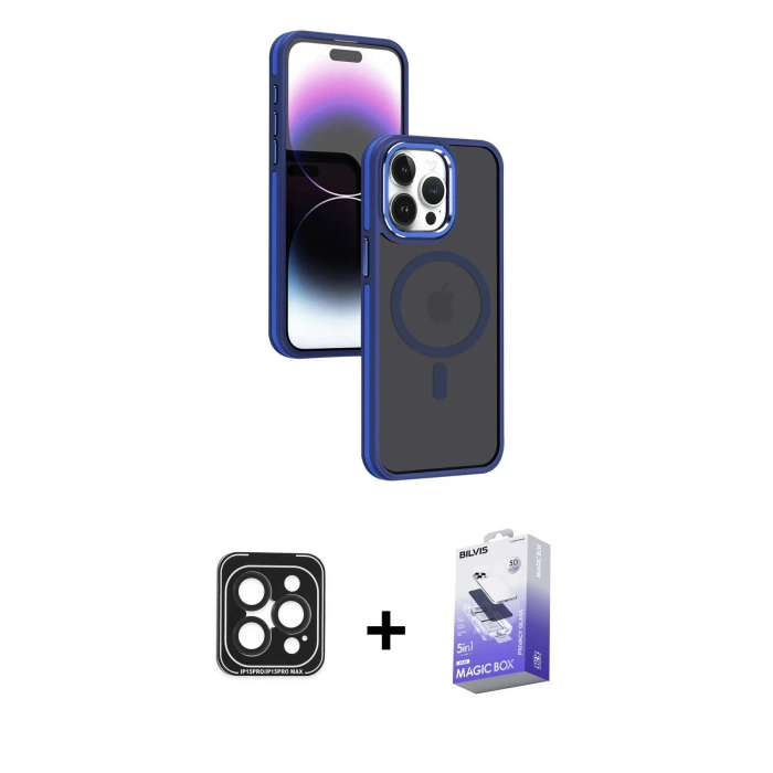 MARSİLYAN™- iPhone 15 Pro Max Kılıf Yörünge Klasik - Siyah Bilvis 5in1 5D Magic Hayalet Cam Ekran Koruyucu + PVD Metal Kamera Lens - SH