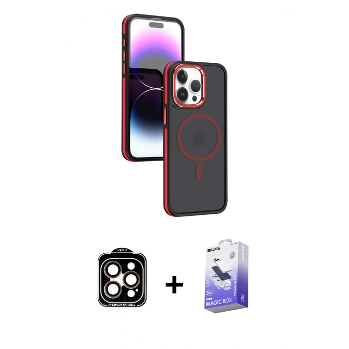 MARSİLYAN™- iPhone 15 Pro Max Kılıf Yörünge Klasik - Siyah Bilvis 5in1 5D Magic Hayalet Cam Ekran Koruyucu + PVD Metal Kamera Lens - TU