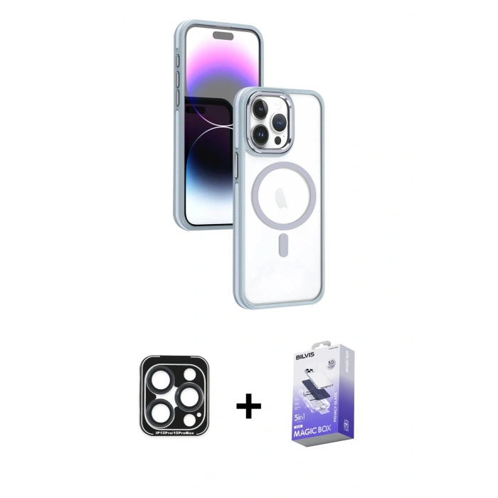 MARSİLYAN™- iPhone 15 Pro Max Kılıf Yörünge Klasik - Siyah Bilvis 5in1 5D Magic Hayalet Cam Ekran Koruyucu + PVD Metal Kamera Lens - LT