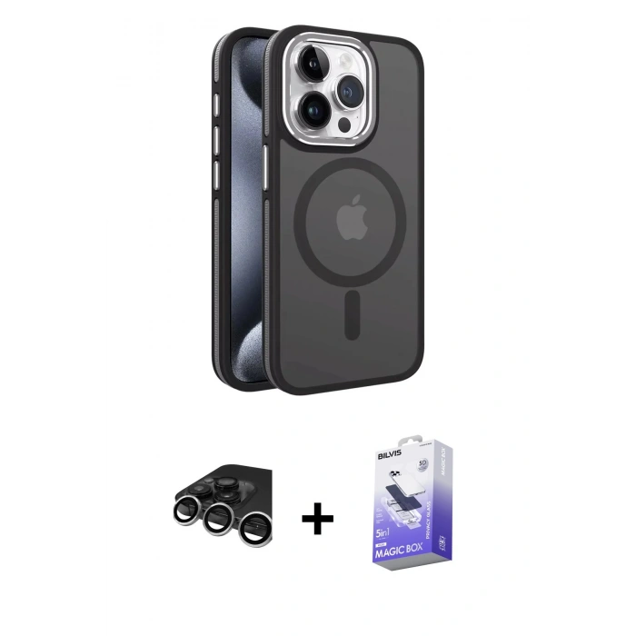MARSİLYAN™- iPhone 15 Pro Max Kılıf Yörünge Klasik - Siyah Bilvis 5in1 5D Magic Hayalet Cam Ekran Koruyucu + Raze Metal Kamera Lens - GS