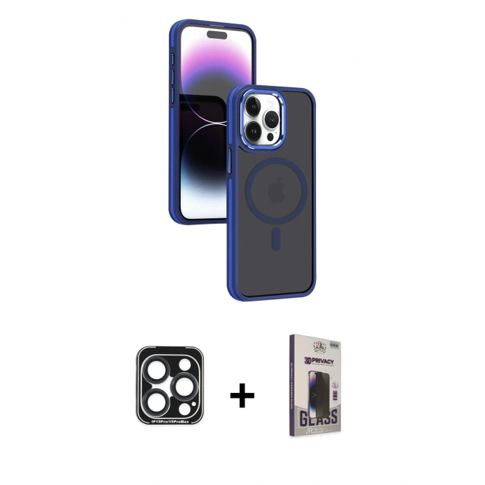 MARSİLYAN™- iPhone 15 Pro Max Kılıf Yörünge Klasik - Siyah Bilvis Hayalet Cam Ekran Koruyucu + PVD Metal Kamera Lens - LT