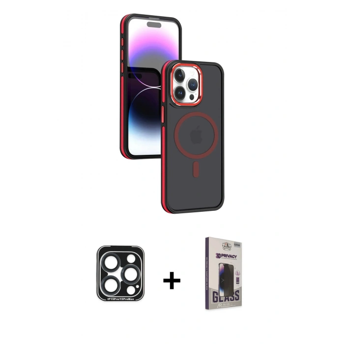 MARSİLYAN™- iPhone 15 Pro Max Kılıf Yörünge Klasik - Siyah Bilvis Hayalet Cam Ekran Koruyucu + PVD Metal Kamera Lens - LT