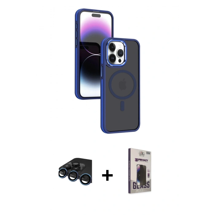 MARSİLYAN™- iPhone 15 Pro Max Kılıf Yörünge Klasik - Siyah Bilvis Hayalet Cam Ekran Koruyucu + Raze Metal Kamera Lens - LT