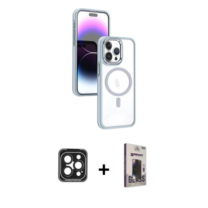 MARSİLYAN™- iPhone 15 Pro Max Kılıf Yörünge Klasik - Siyah Bilvis Hayalet Cam Ekran Koruyucu + PVD Metal Kamera Lens - SH
