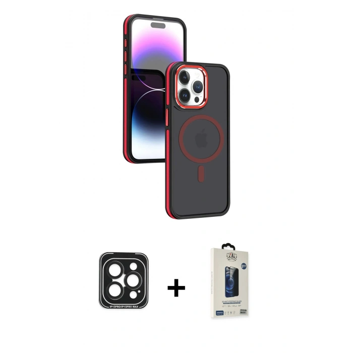 MARSİLYAN™- iPhone 15 Pro Max Kılıf Yörünge Klasik - Siyah Bilvis Hayalet Cam Ekran Koruyucu + PVD Metal Kamera Lens - SH