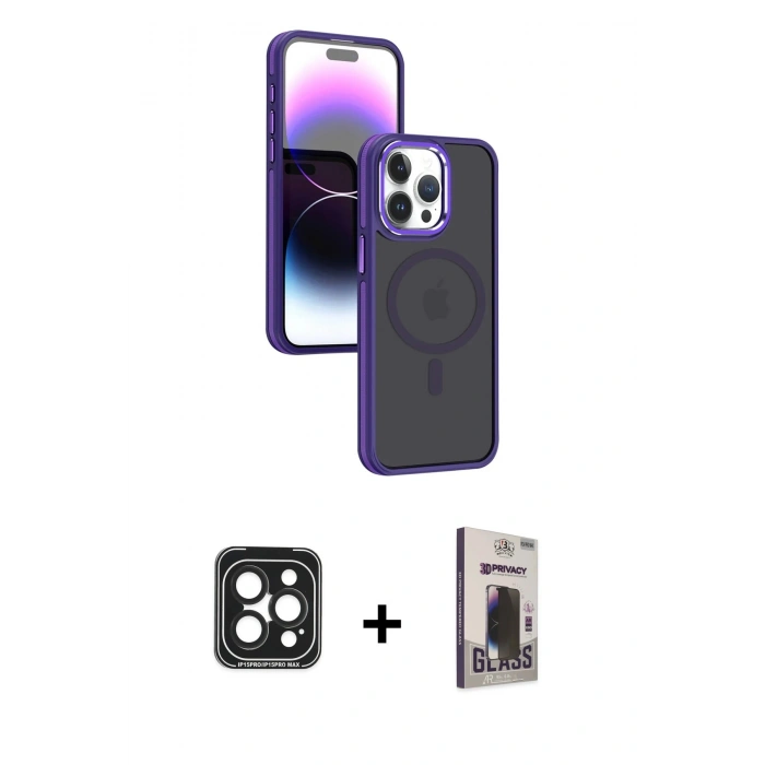 MARSİLYAN™- iPhone 15 Pro Max Kılıf Yörünge Klasik - Siyah Bilvis Hayalet Cam Ekran Koruyucu + PVD Metal Kamera Lens - SH