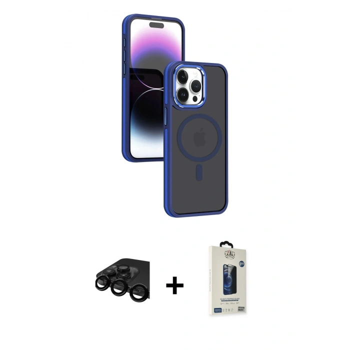 MARSİLYAN™- iPhone 15 Pro Max Kılıf Yörünge Klasik - Siyah Bilvis Hayalet Cam Ekran Koruyucu + Raze Metal Kamera Lens - SH