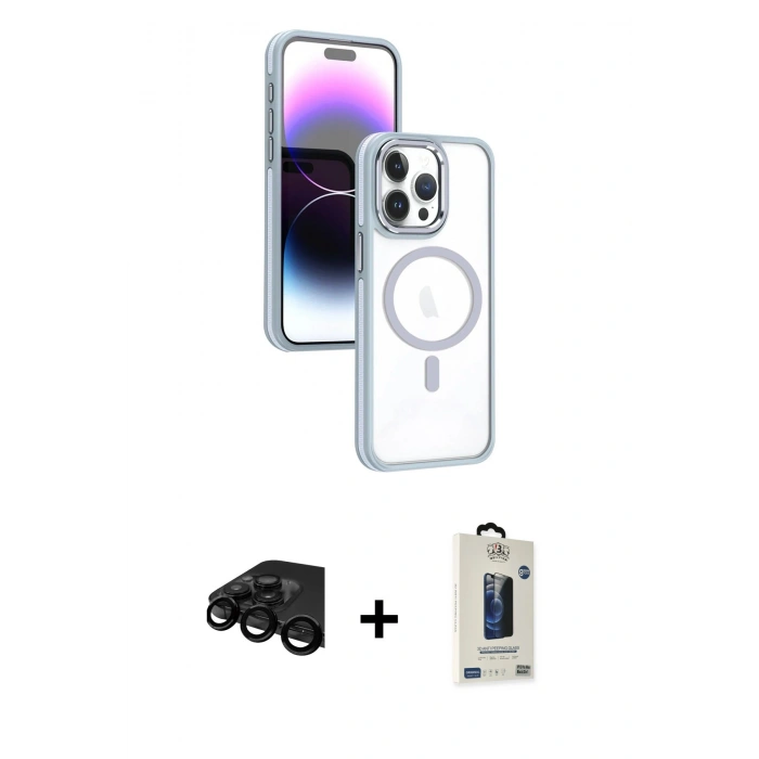 MARSİLYAN™- iPhone 15 Pro Max Kılıf Yörünge Klasik - Siyah Bilvis Hayalet Cam Ekran Koruyucu + Raze Metal Kamera Lens - SH