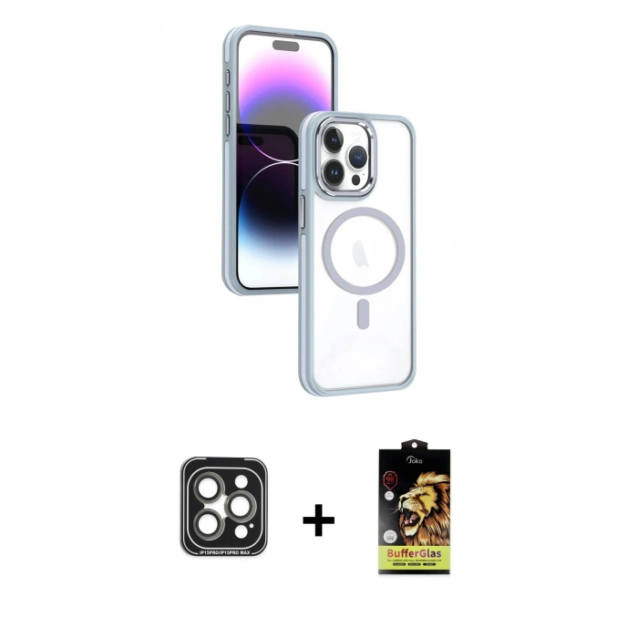MARSİLYAN™- iPhone 15 Pro Max Kılıf Yörünge Klasik - Siyah Buffer Cam Ekran Koruyucu + PVD Metal Kamera Lens - GI