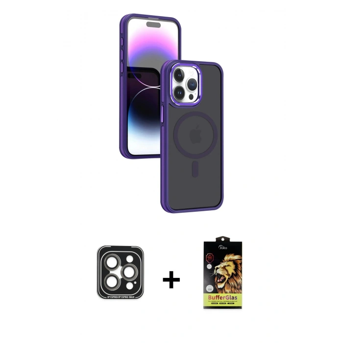 MARSİLYAN™- iPhone 15 Pro Max Kılıf Yörünge Klasik - Siyah Buffer Cam Ekran Koruyucu + PVD Metal Kamera Lens - GI