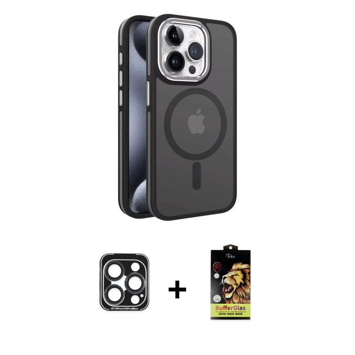 MARSİLYAN™- iPhone 15 Pro Max Kılıf Yörünge Klasik - Siyah Buffer Cam Ekran Koruyucu + PVD Metal Kamera Lens - LT