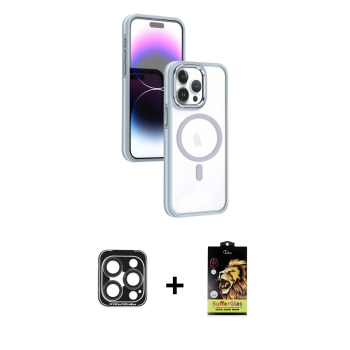 MARSİLYAN™- iPhone 15 Pro Max Kılıf Yörünge Klasik - Siyah Buffer Cam Ekran Koruyucu + PVD Metal Kamera Lens - LT