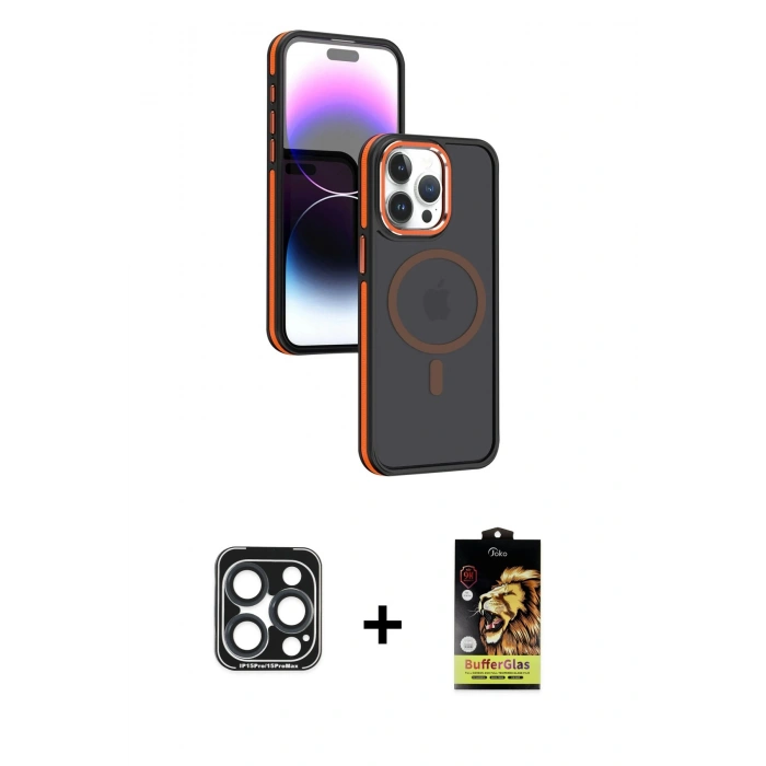 MARSİLYAN™- iPhone 15 Pro Max Kılıf Yörünge Klasik - Siyah Buffer Cam Ekran Koruyucu + PVD Metal Kamera Lens - LT