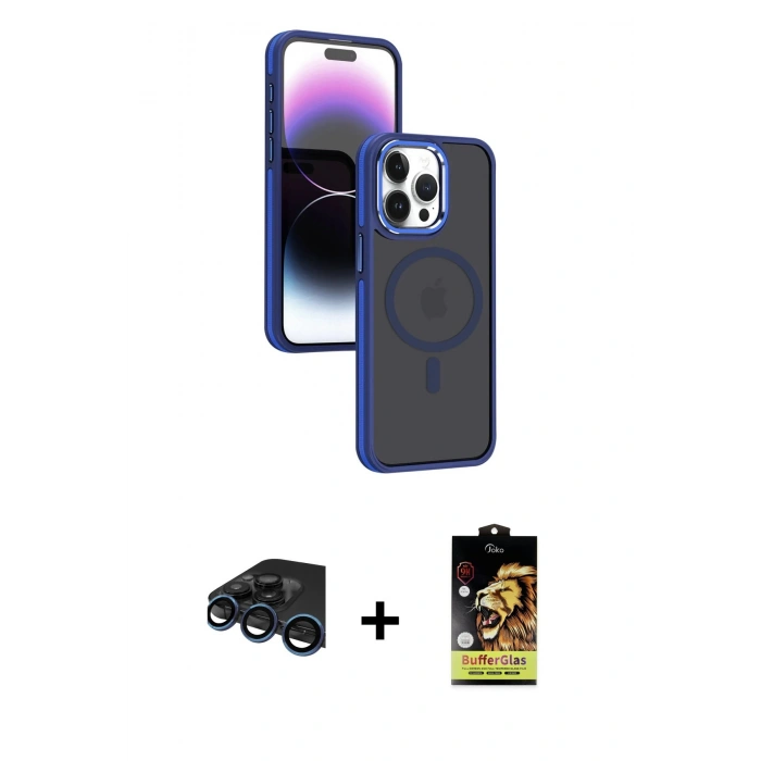 MARSİLYAN™- iPhone 15 Pro Max Kılıf Yörünge Klasik - Siyah Buffer Cam Ekran Koruyucu + Raze Metal Kamera Lens - LT