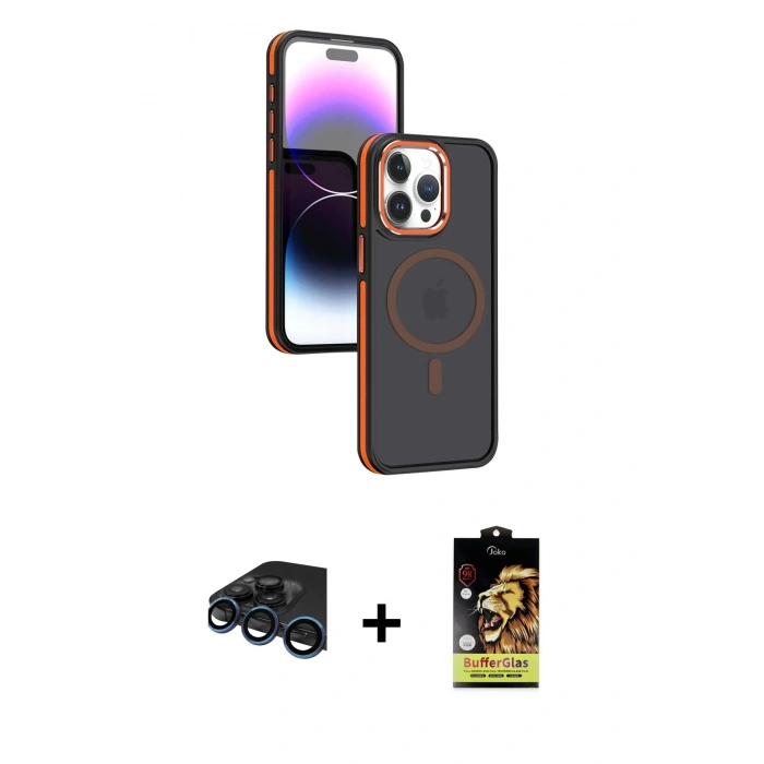 MARSİLYAN™- iPhone 15 Pro Max Kılıf Yörünge Klasik - Siyah Buffer Cam Ekran Koruyucu + Raze Metal Kamera Lens - LT
