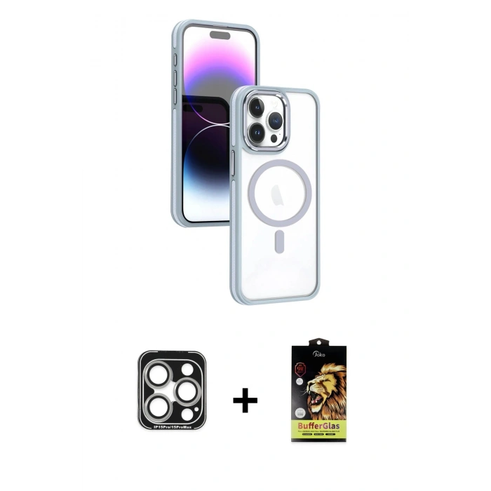 MARSİLYAN™- iPhone 15 Pro Max Kılıf Yörünge Klasik - Siyah Buffer Cam Ekran Koruyucu + PVD Metal Kamera Lens - GS
