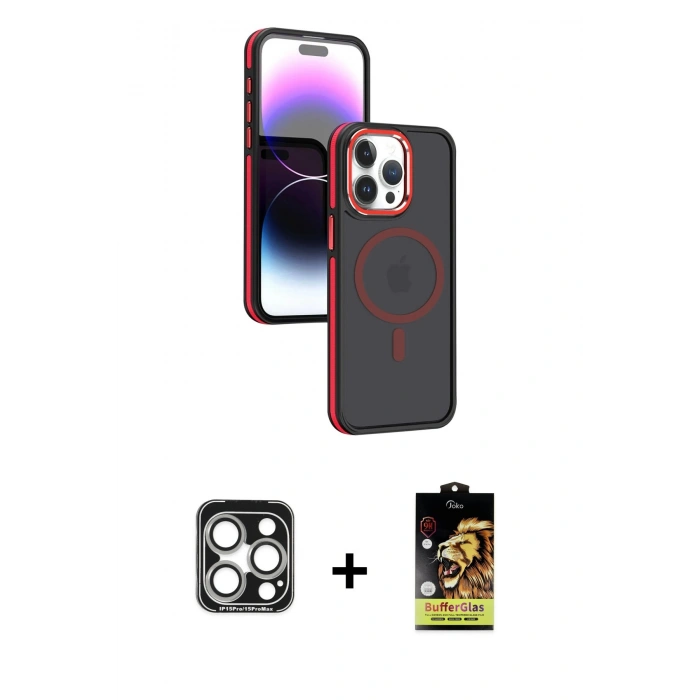 MARSİLYAN™- iPhone 15 Pro Max Kılıf Yörünge Klasik - Siyah Buffer Cam Ekran Koruyucu + PVD Metal Kamera Lens - GS