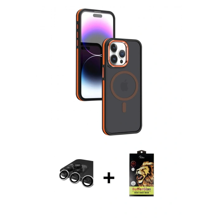 MARSİLYAN™- iPhone 15 Pro Max Kılıf Yörünge Klasik - Siyah Buffer Cam Ekran Koruyucu + Raze Metal Kamera Lens - GS