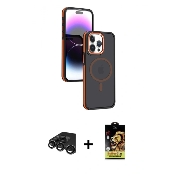 MARSİLYAN™- iPhone 15 Pro Max Kılıf Yörünge Klasik - Siyah Buffer Cam Ekran Koruyucu + Raze Metal Kamera Lens - TMGI