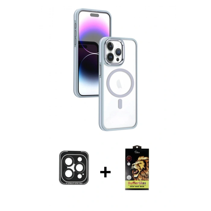 MARSİLYAN™- iPhone 15 Pro Max Kılıf Yörünge Klasik - Siyah Buffer Cam Ekran Koruyucu + PVD Metal Kamera Lens - SH