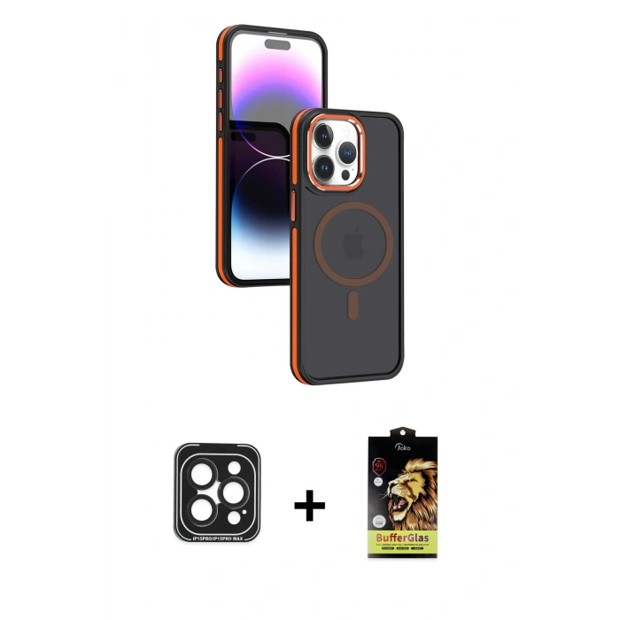 MARSİLYAN™- iPhone 15 Pro Max Kılıf Yörünge Klasik - Siyah Buffer Cam Ekran Koruyucu + PVD Metal Kamera Lens - SH
