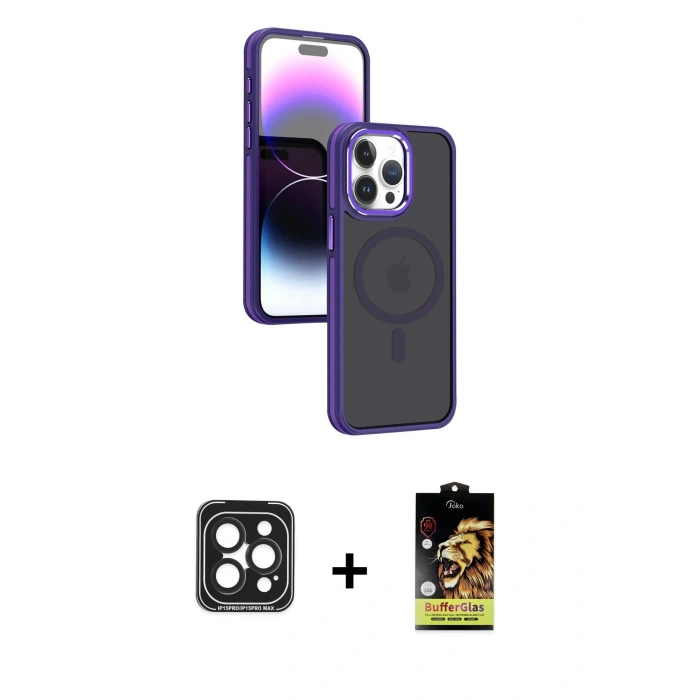 MARSİLYAN™- iPhone 15 Pro Max Kılıf Yörünge Klasik - Siyah Buffer Cam Ekran Koruyucu + PVD Metal Kamera Lens - SH