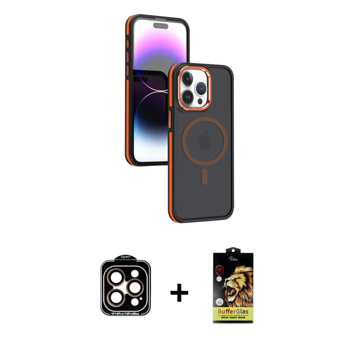 MARSİLYAN™- iPhone 15 Pro Max Kılıf Yörünge Klasik - Siyah Buffer Cam Ekran Koruyucu + PVD Metal Kamera Lens - TU