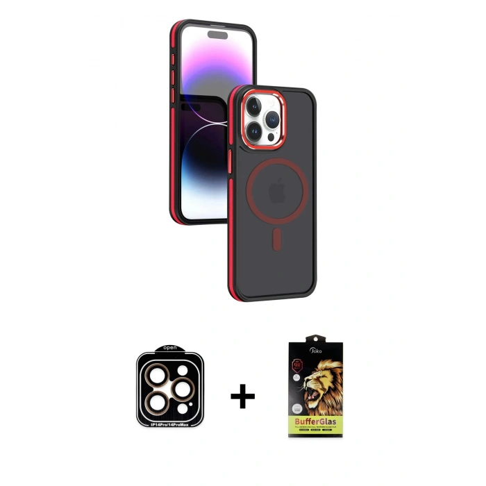 MARSİLYAN™- iPhone 15 Pro Max Kılıf Yörünge Klasik - Siyah Buffer Cam Ekran Koruyucu + PVD Metal Kamera Lens - TU