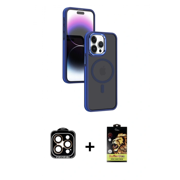 MARSİLYAN™- iPhone 15 Pro Max Kılıf Yörünge Klasik - Siyah Buffer Cam Ekran Koruyucu + PVD Metal Kamera Lens - TU