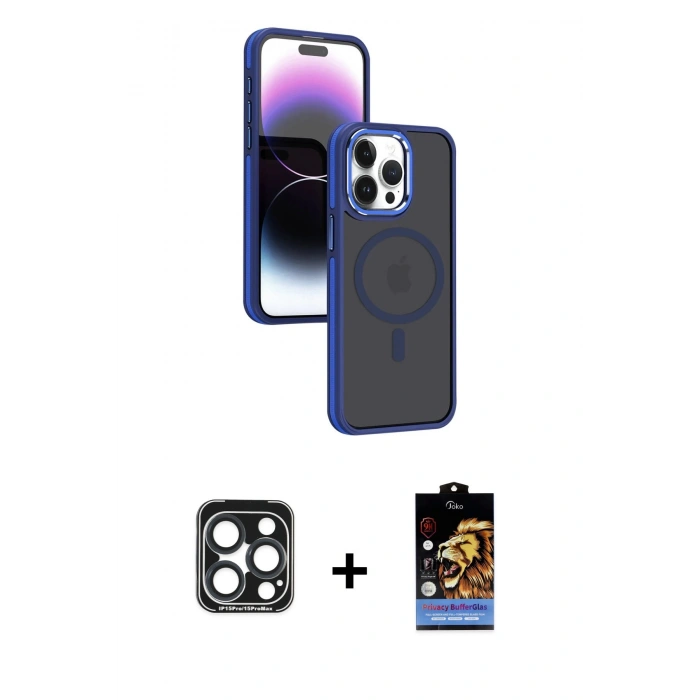 MARSİLYAN™- iPhone 15 Pro Max Kılıf Yörünge Klasik - Siyah Buffer Hayalet Cam Ekran Koruyucu + PVD Metal Kamera Lens - LT