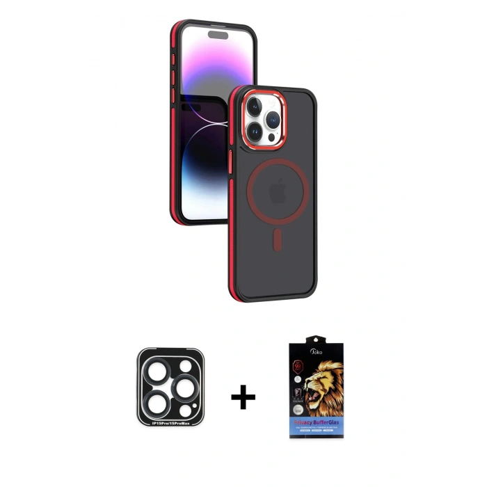 MARSİLYAN™- iPhone 15 Pro Max Kılıf Yörünge Klasik - Siyah Buffer Hayalet Cam Ekran Koruyucu + PVD Metal Kamera Lens - LT