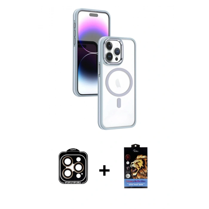 MARSİLYAN™- iPhone 15 Pro Max Kılıf Yörünge Klasik - Siyah Buffer Hayalet Cam Ekran Koruyucu + PVD Metal Kamera Lens - TU
