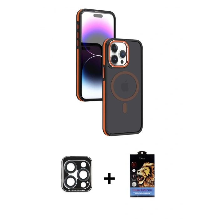 MARSİLYAN™- iPhone 15 Pro Max Kılıf Yörünge Klasik - Siyah Buffer Hayalet Cam Ekran Koruyucu + PVD Metal Kamera Lens - LT