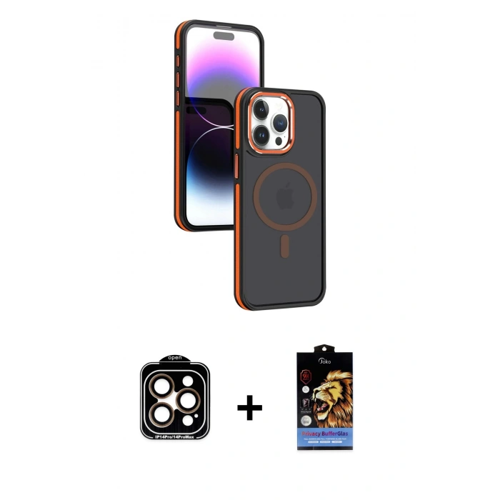 MARSİLYAN™- iPhone 15 Pro Max Kılıf Yörünge Klasik - Siyah Buffer Hayalet Cam Ekran Koruyucu + PVD Metal Kamera Lens - TU