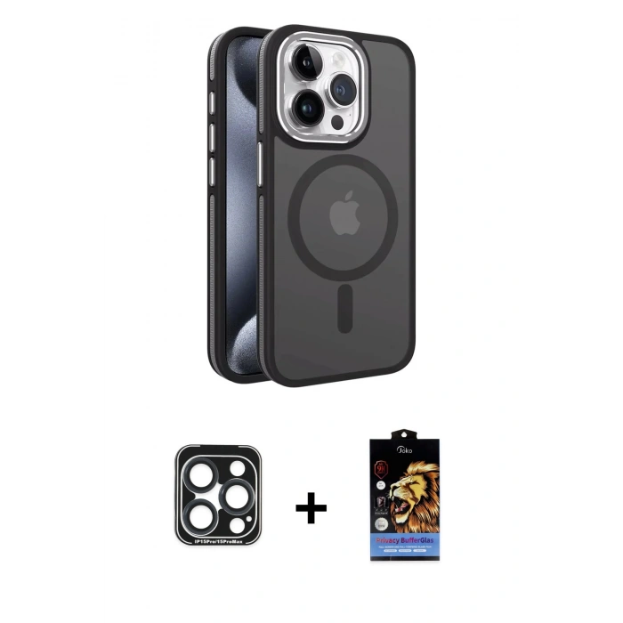 MARSİLYAN™- iPhone 15 Pro Max Kılıf Yörünge Klasik - Siyah Buffer Hayalet Cam Ekran Koruyucu + PVD Metal Kamera Lens - LT