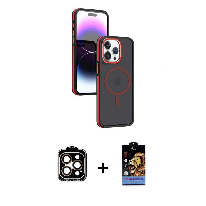 MARSİLYAN™- iPhone 15 Pro Max Kılıf Yörünge Klasik - Siyah Buffer Hayalet Cam Ekran Koruyucu + PVD Metal Kamera Lens - TU