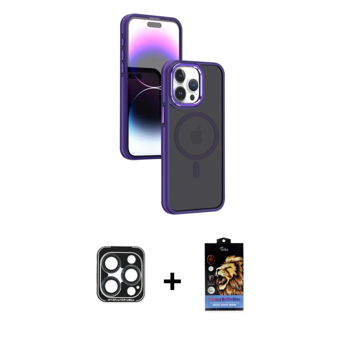 MARSİLYAN™- iPhone 15 Pro Max Kılıf Yörünge Klasik - Siyah Buffer Hayalet Cam Ekran Koruyucu + PVD Metal Kamera Lens - LT