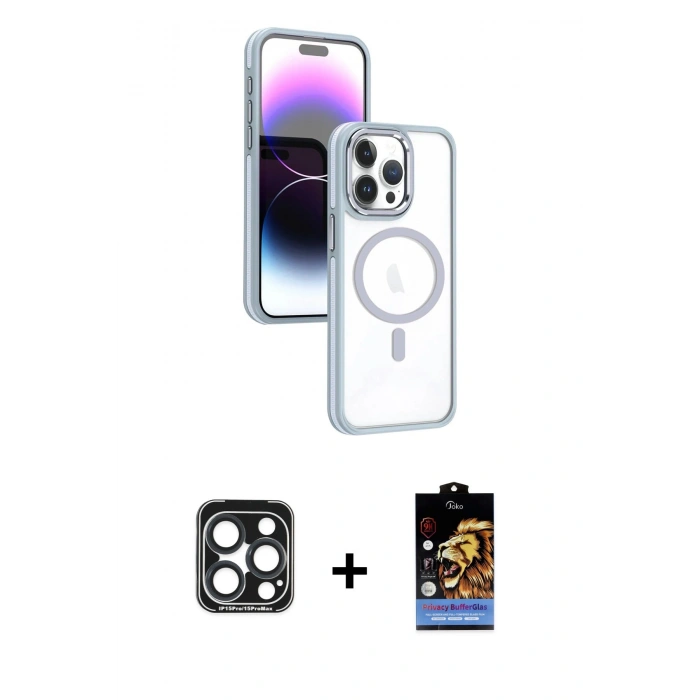 MARSİLYAN™- iPhone 15 Pro Max Kılıf Yörünge Klasik - Siyah Buffer Hayalet Cam Ekran Koruyucu + PVD Metal Kamera Lens - LT