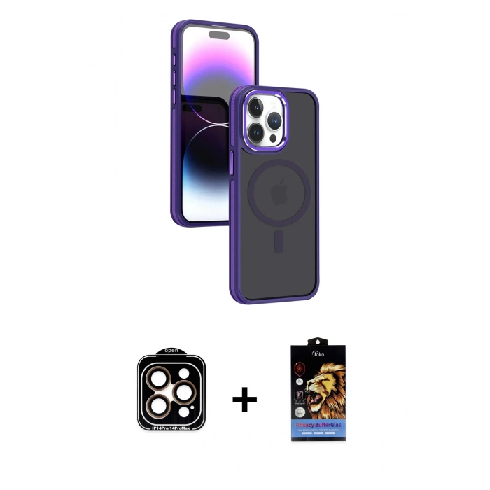 MARSİLYAN™- iPhone 15 Pro Max Kılıf Yörünge Klasik - Siyah Buffer Hayalet Cam Ekran Koruyucu + PVD Metal Kamera Lens - TU
