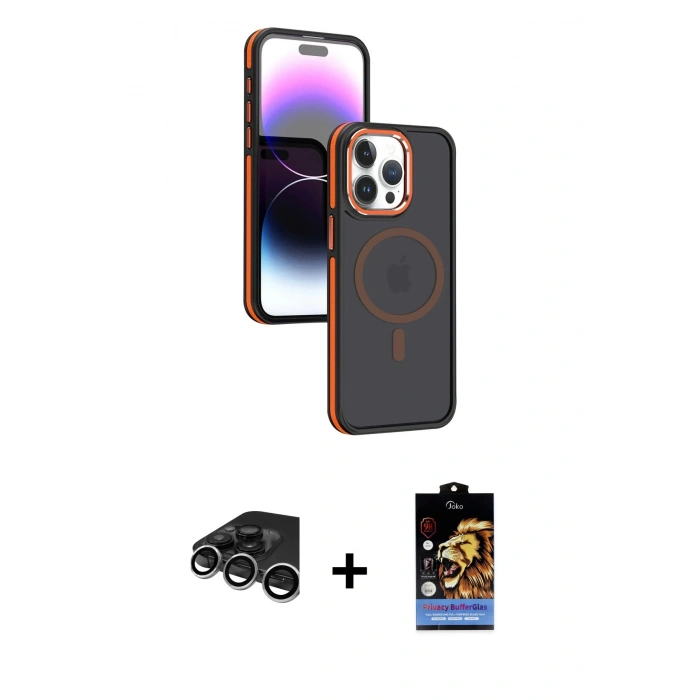 MARSİLYAN™- iPhone 15 Pro Max Kılıf Yörünge Klasik - Siyah Buffer Hayalet Cam Ekran Koruyucu + Raze Metal Kamera Lens - GS