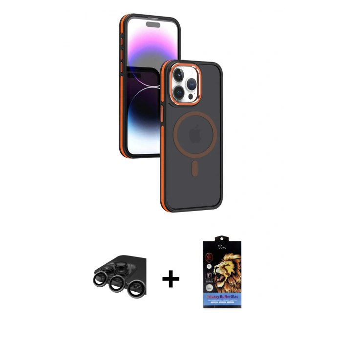 MARSİLYAN™- iPhone 15 Pro Max Kılıf Yörünge Klasik - Siyah Buffer Hayalet Cam Ekran Koruyucu + Raze Metal Kamera Lens - TMGI